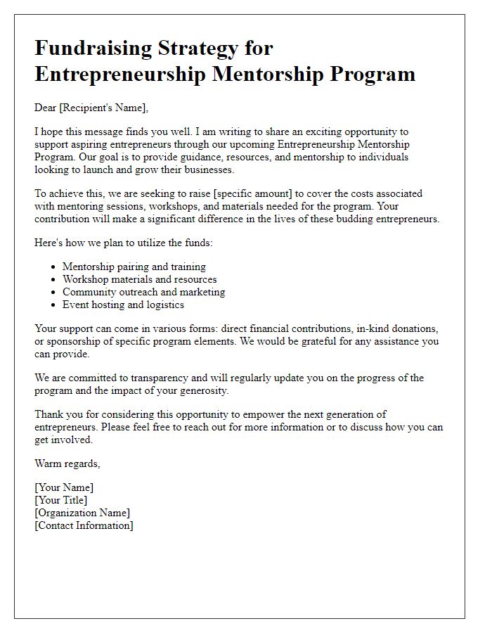 Letter template of fundraising strategy for entrepreneurship mentorship program.