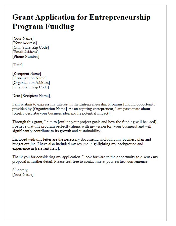 Letter template of grant application for entrepreneurship program funding.