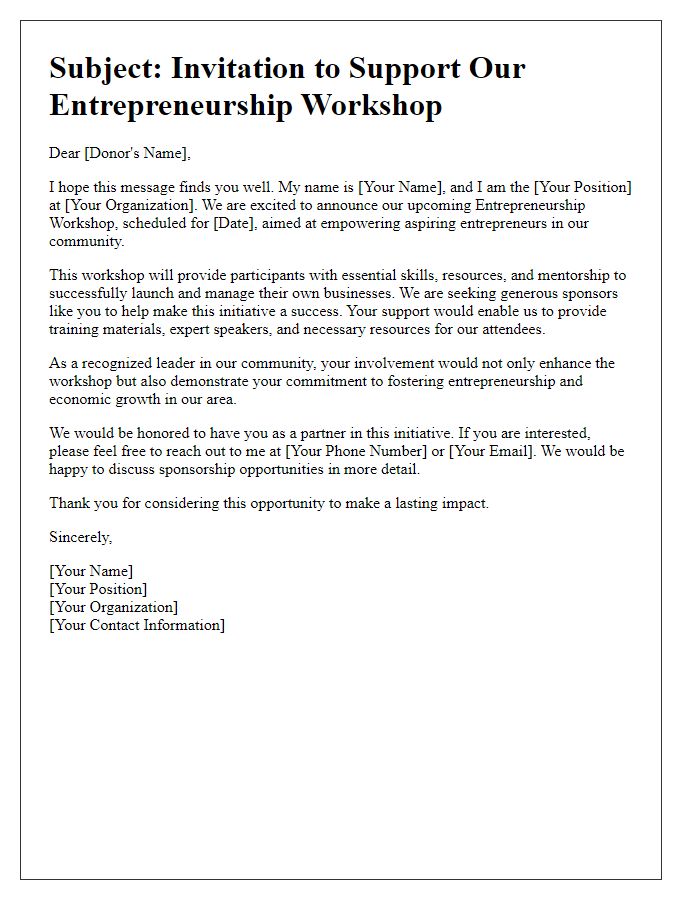 Letter template of outreach to potential donors for entrepreneurship workshop.