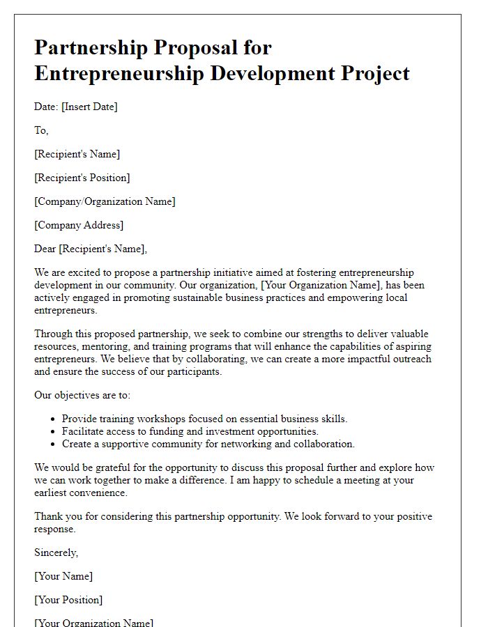 Letter template of partnership proposal for entrepreneurship development project.