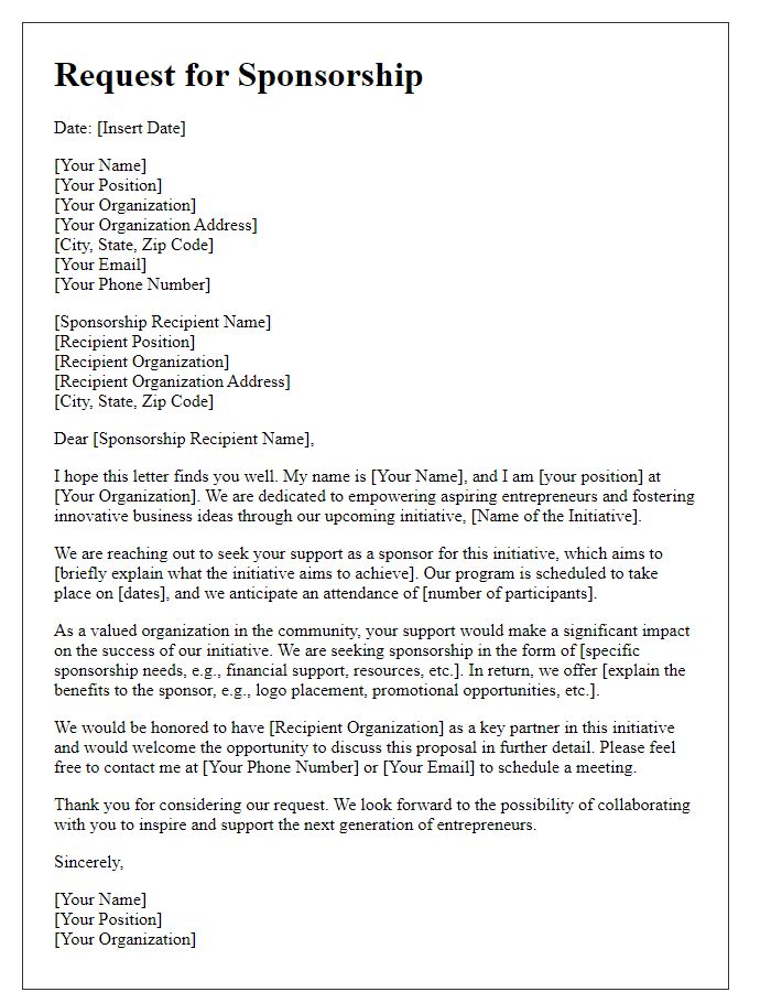 Letter template of sponsorship request for entrepreneurship initiative.