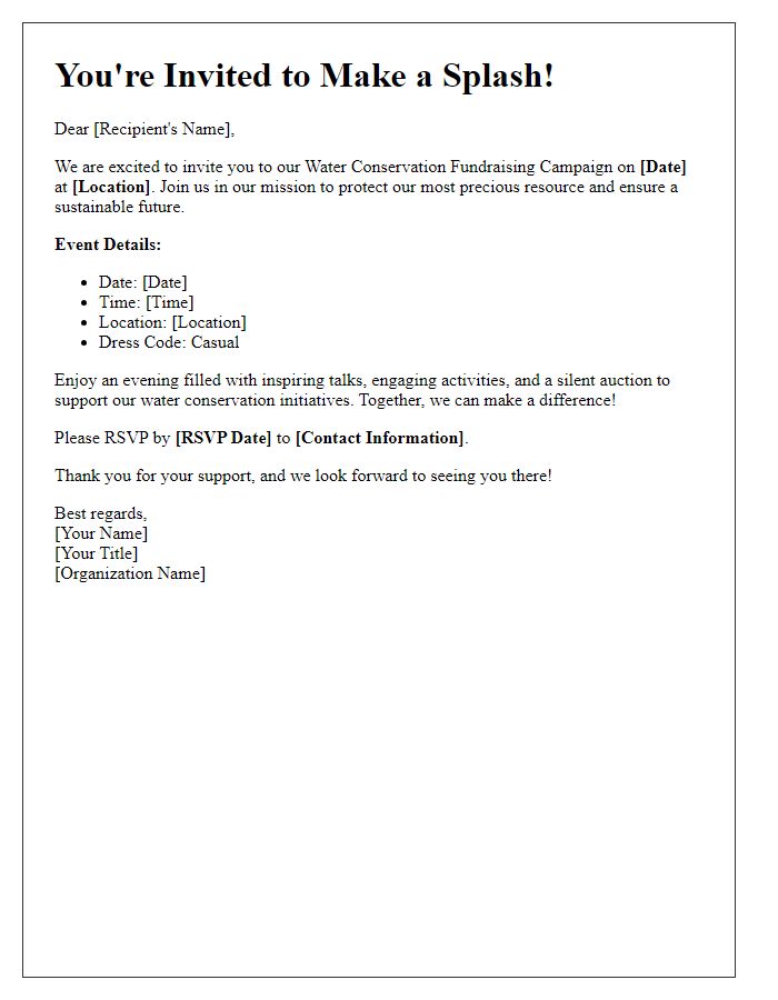 Letter template of event invitation for water conservation fundraising campaign