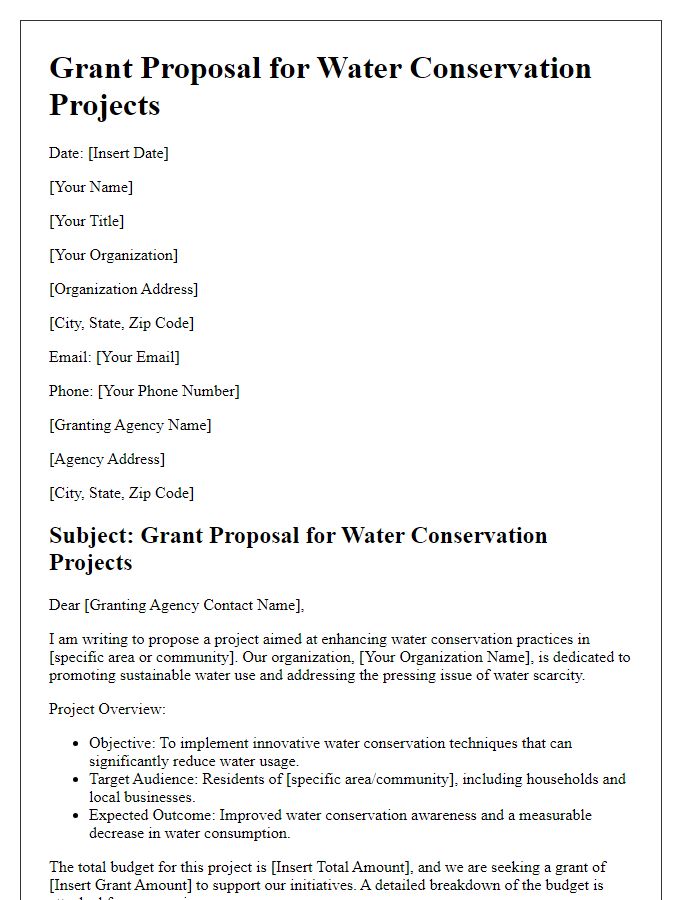 Letter template of grant proposal for water conservation projects