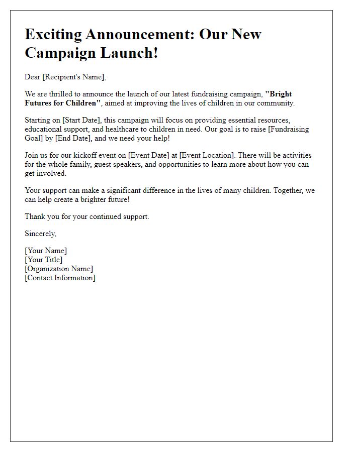 Letter template of campaign launch announcement for child welfare organization fundraising