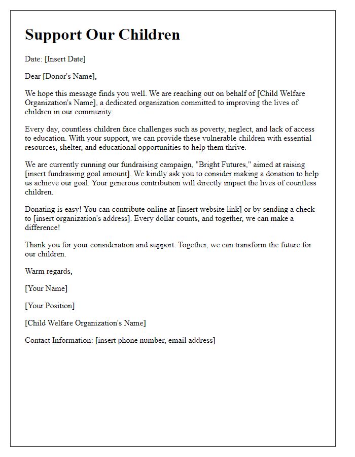 Letter template of donation appeal for child welfare organization fundraising