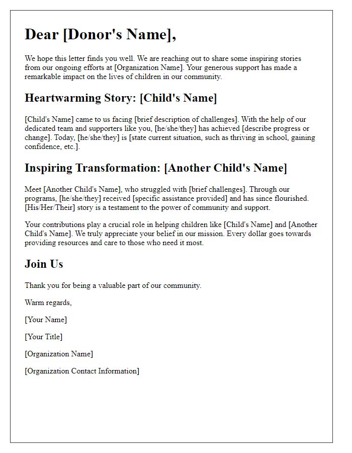 Letter template of impact stories sharing for child welfare organization fundraising