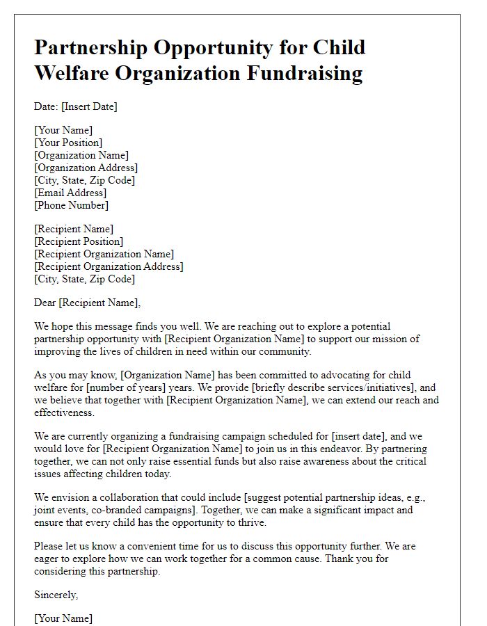 Letter template of partnership opportunity for child welfare organization fundraising