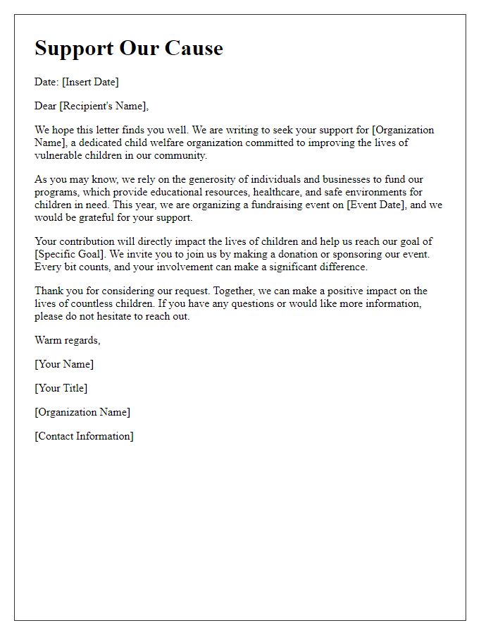 Letter template of support request for child welfare organization fundraising