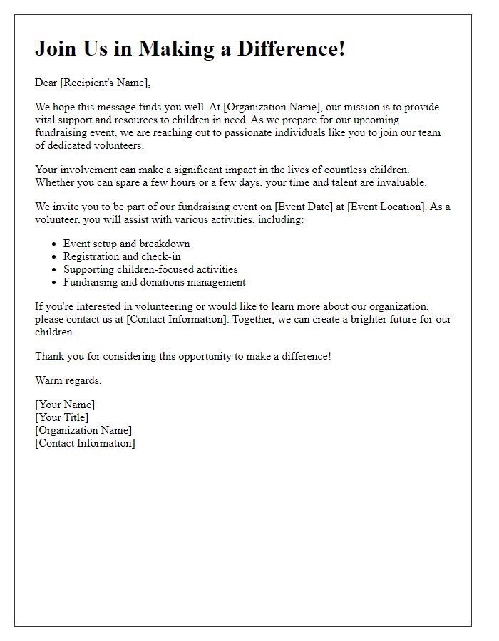 Letter template of volunteer recruitment for child welfare organization fundraising