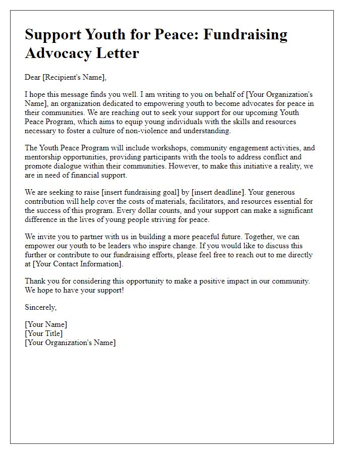 Letter template of advocacy for youth peace program fundraising.