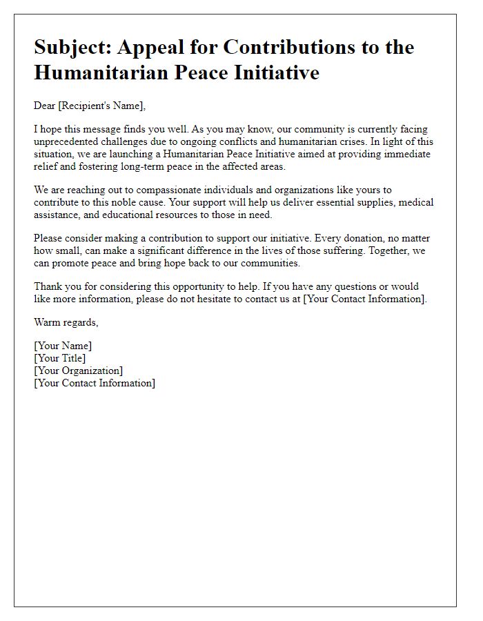 Letter template of appeal for humanitarian peace initiative contributions.