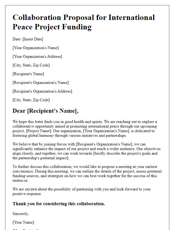 Letter template of collaboration for international peace project funding.