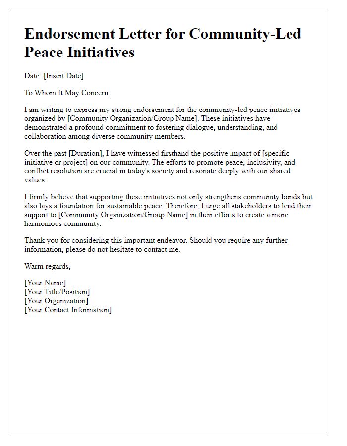 Letter template of endorsement for community-led peace initiatives.