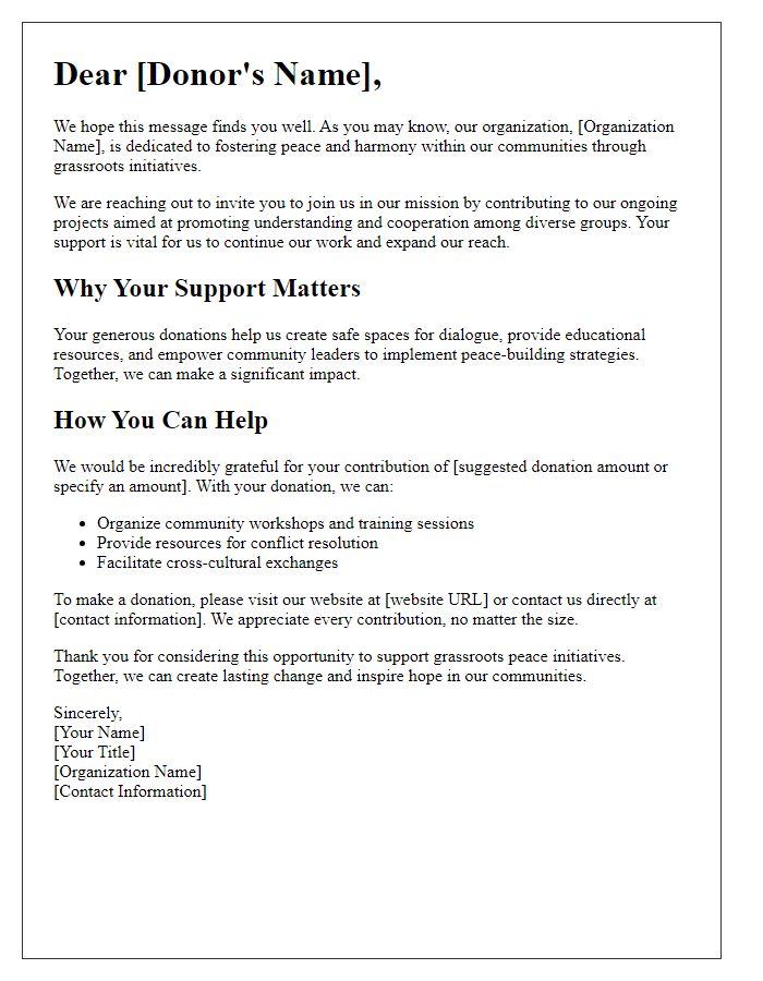 Letter template of engagement for grassroots peace initiative donations.