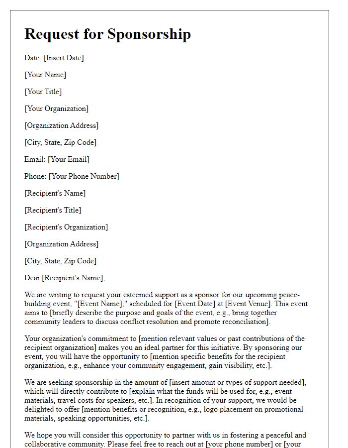 Letter template of request for sponsorship for peace-building events.