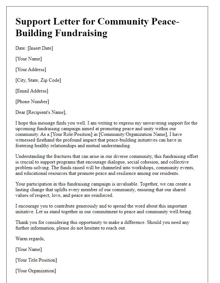 Letter template of support for community peace-building fundraising.