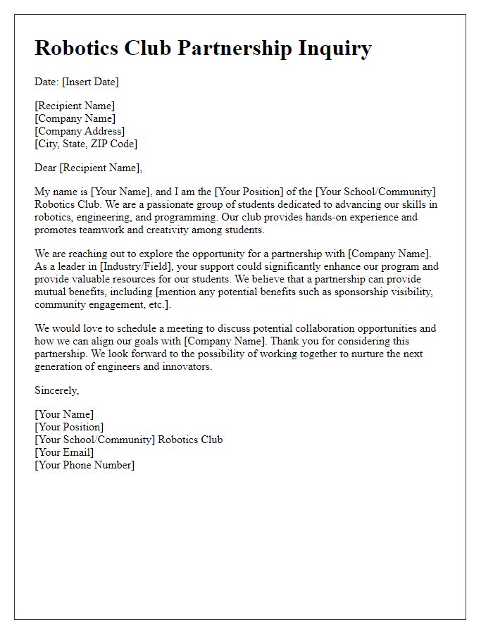 Letter template of robotics club corporate partnership inquiry