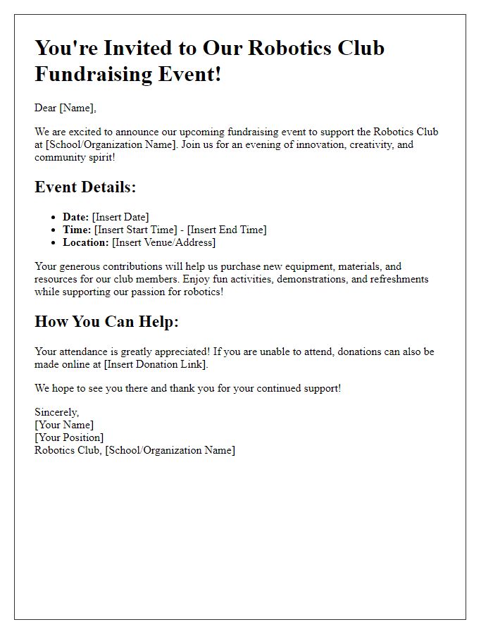 Letter template of robotics club event fundraising invitation