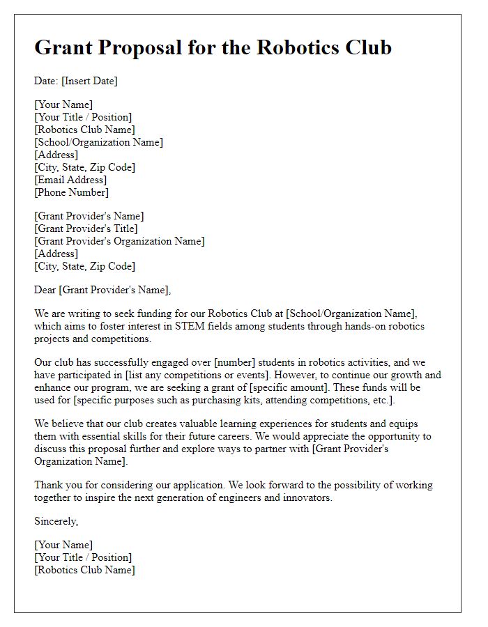 Letter template of robotics club grant proposal