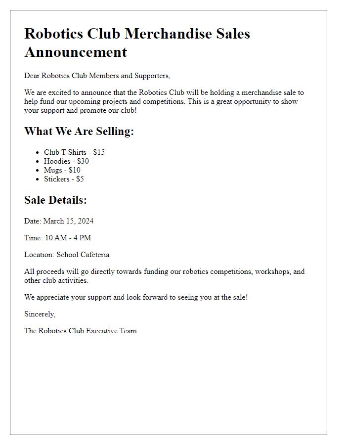 Letter template of robotics club merchandise sales announcement