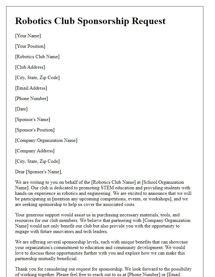 Letter template of robotics club sponsorship request