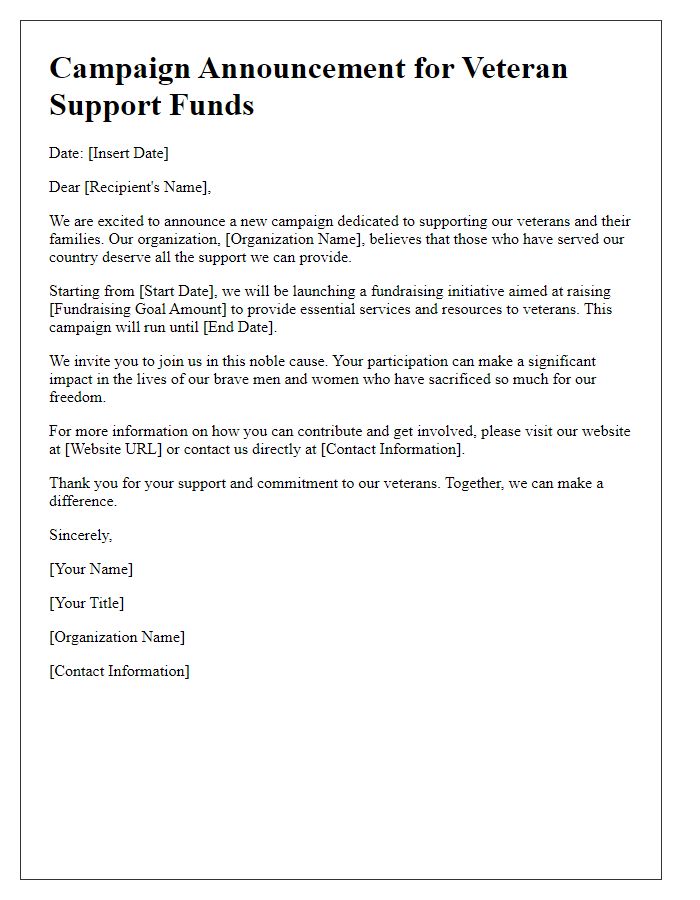 Letter template of campaign announcement for veteran support funds