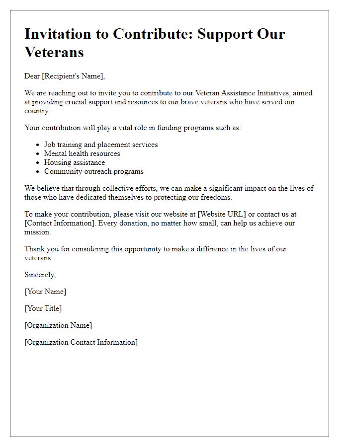 Letter template of contribution invitation for veteran assistance initiatives