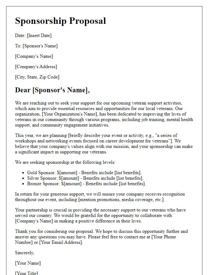 Letter template of sponsorship proposal for veteran support activities