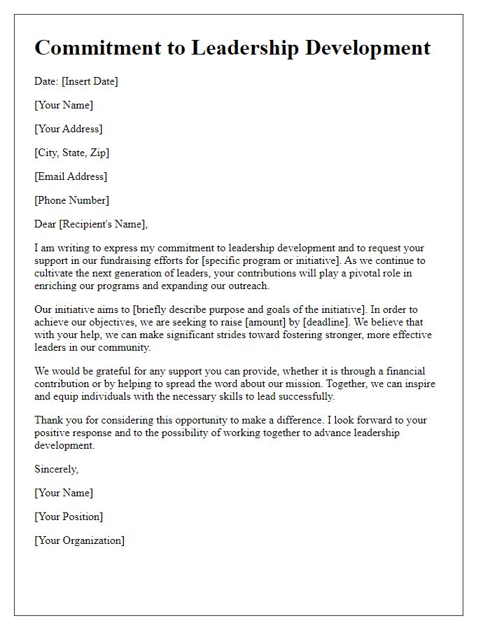 Letter template of commitment to leadership development fundraising request.