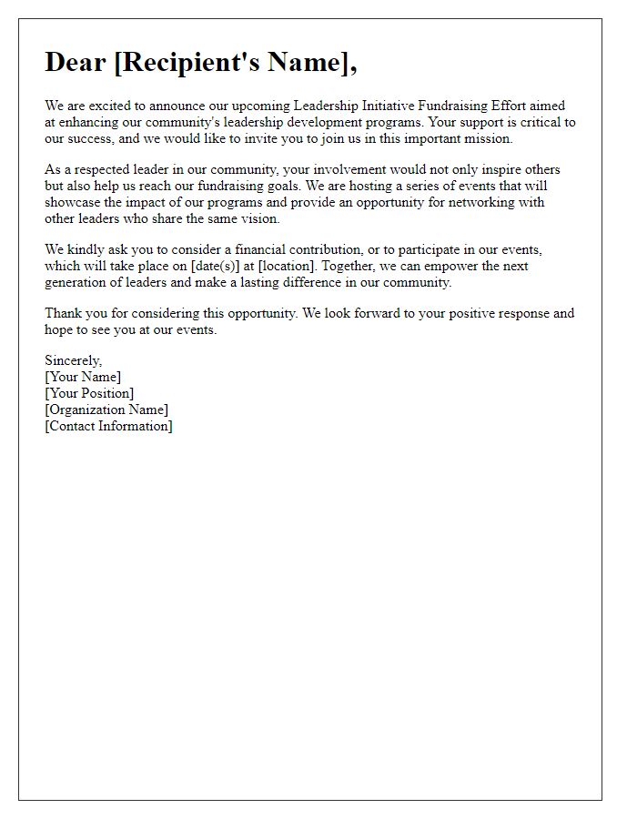 Letter template of engagement for leadership initiative fundraising effort.