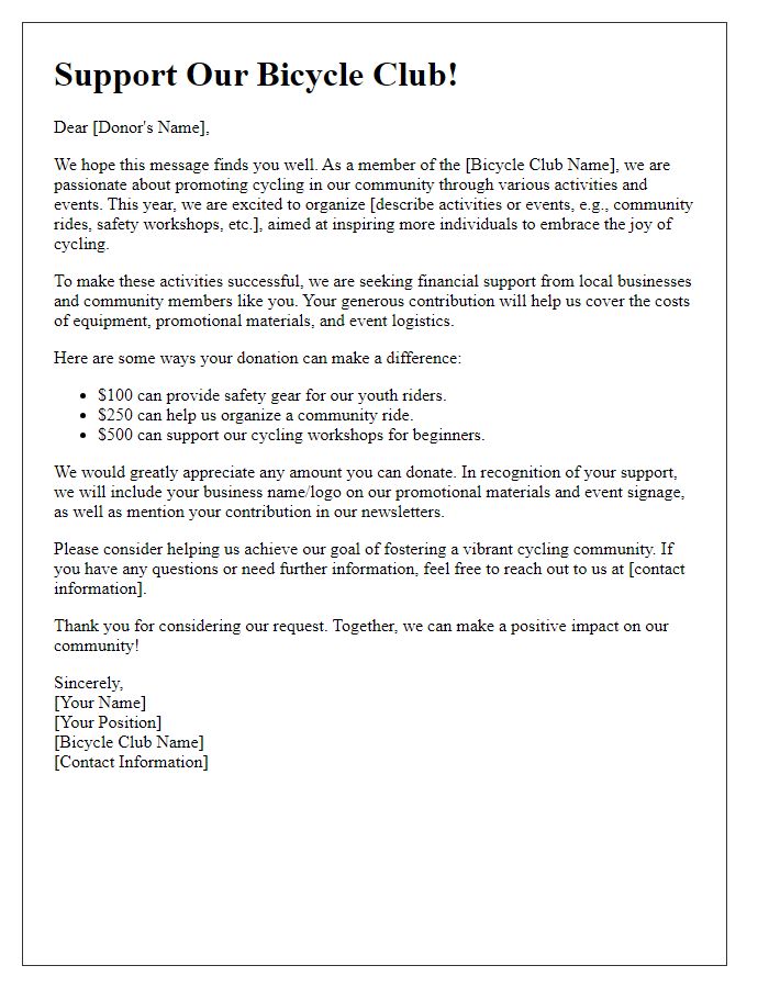 Letter template of a donation solicitation for bicycle club activities