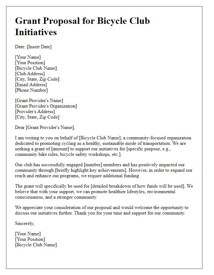 Letter template of a grant proposal for bicycle club initiatives