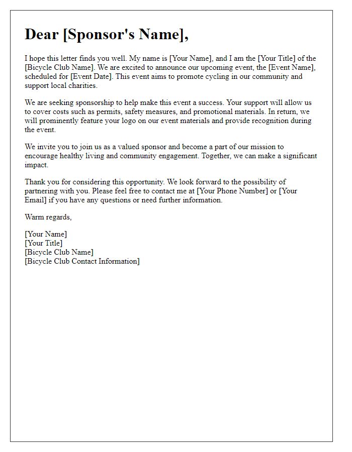 Letter template of a sponsorship appeal for bicycle club event