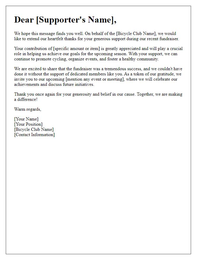 Letter template of a thank-you letter to supporters of bicycle club fundraiser