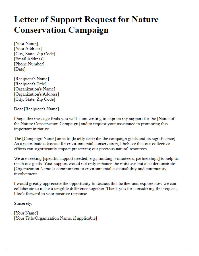 Letter template of nature conservation campaign support request