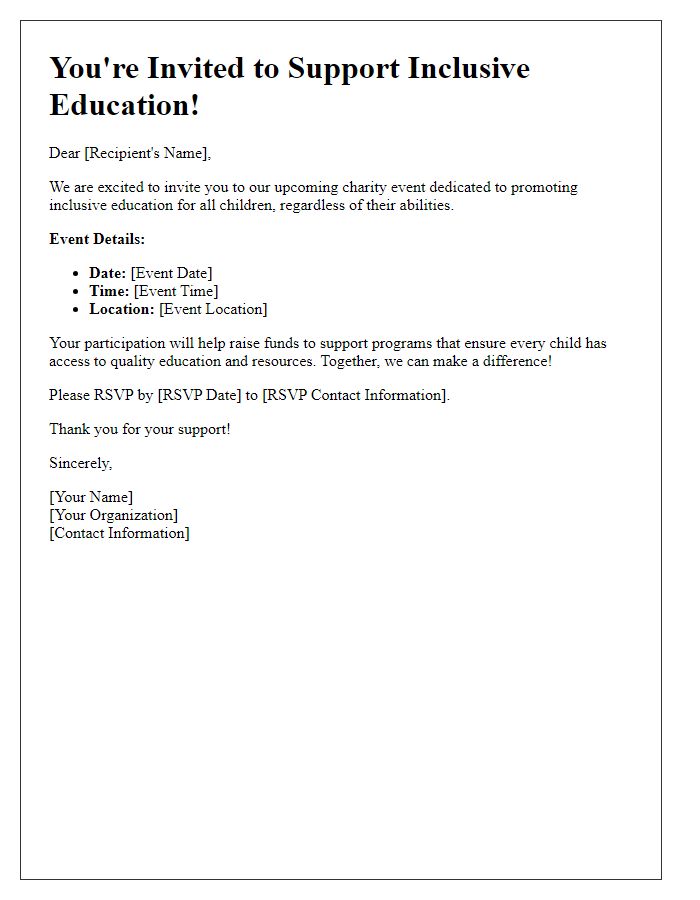 Letter template of inclusive education fundraising invitation for charity events