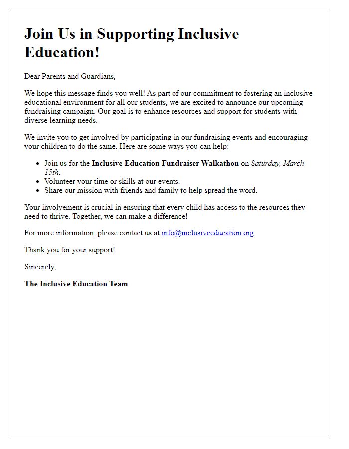 Letter template of inclusive education fundraising outreach for parent involvement