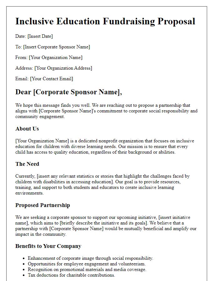 Letter template of inclusive education fundraising proposal for corporate sponsorship