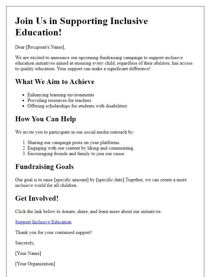 Letter template of inclusive education fundraising strategy for social media outreach