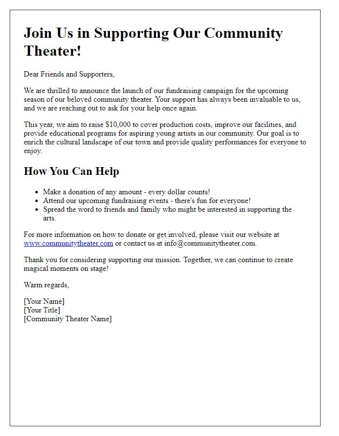 Letter template of community theater fundraising campaign announcement