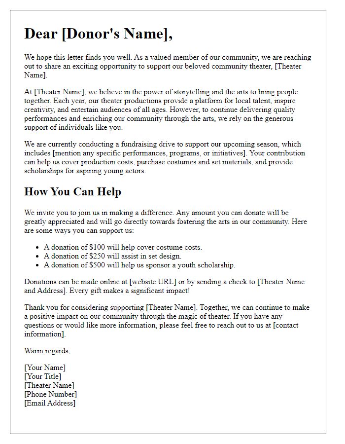 Letter template of community theater fundraising donation drive