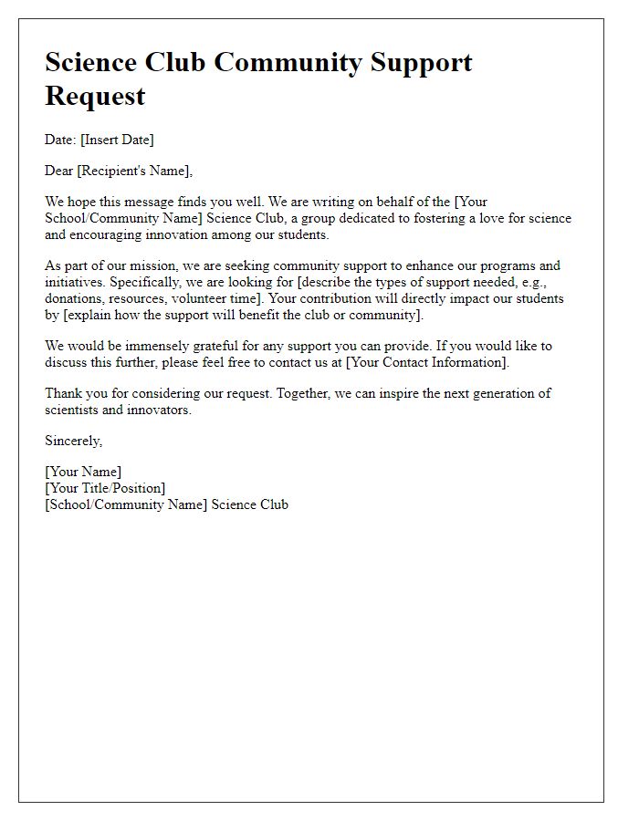 Letter template of science club community support request