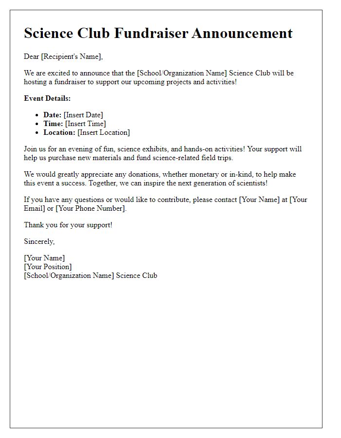 Letter template of science club fundraiser announcement