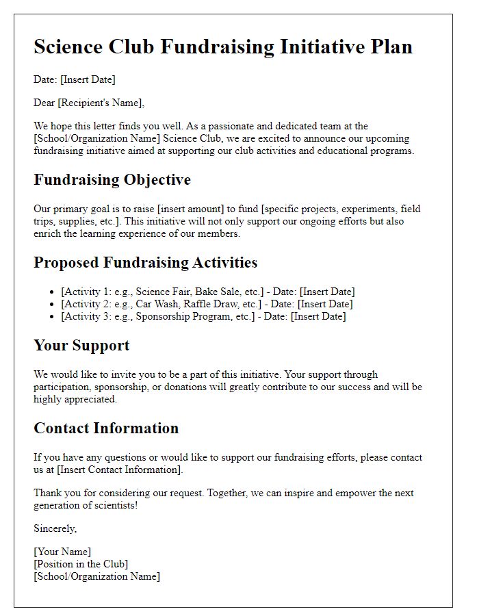 Letter template of science club fundraising initiative plan