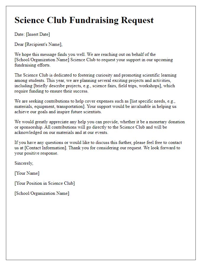 Letter template of science club fundraising request