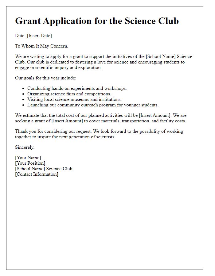 Letter template of science club grant application