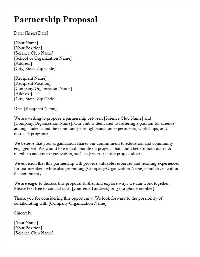 Letter template of science club partnership proposal