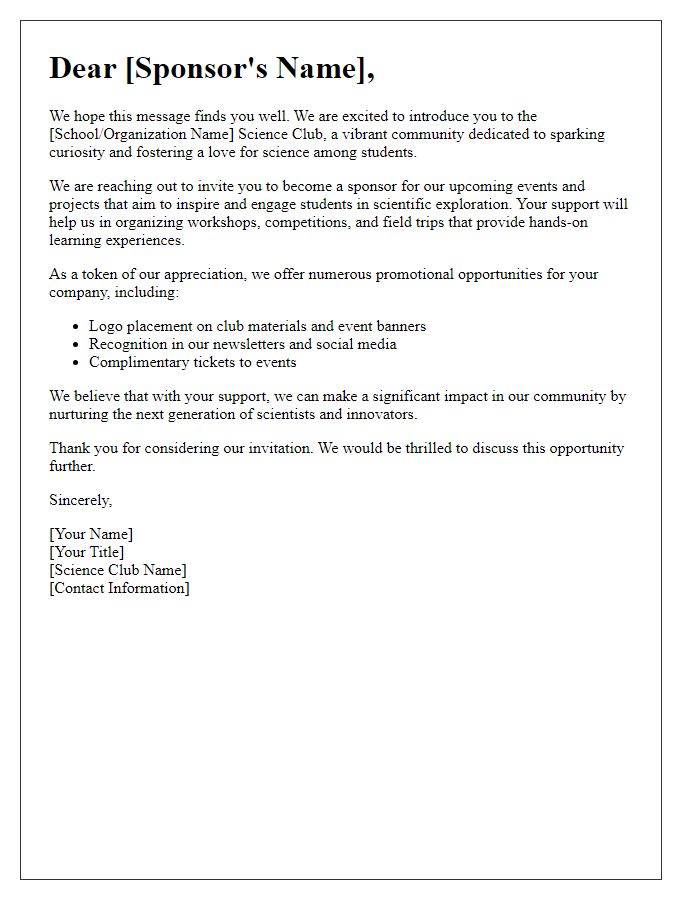 Letter template of science club sponsorship invitation