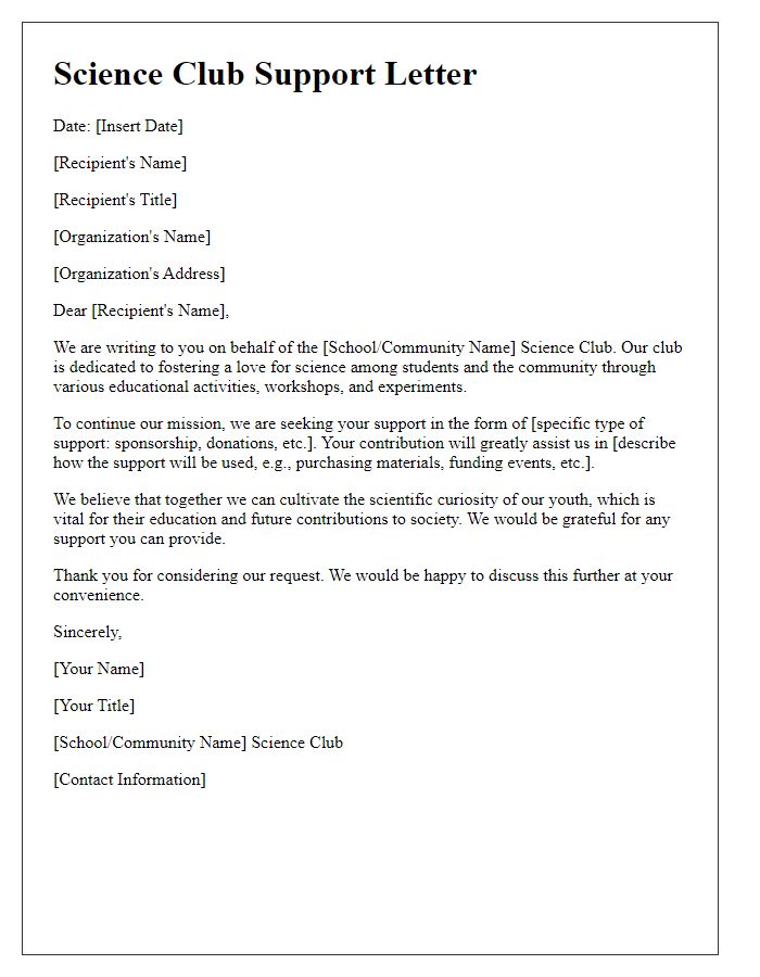 Letter template of science club support letter