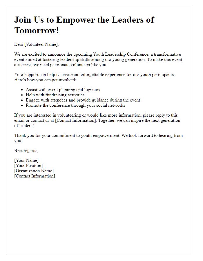 Letter template of call to action for youth leadership conference fundraiser volunteers